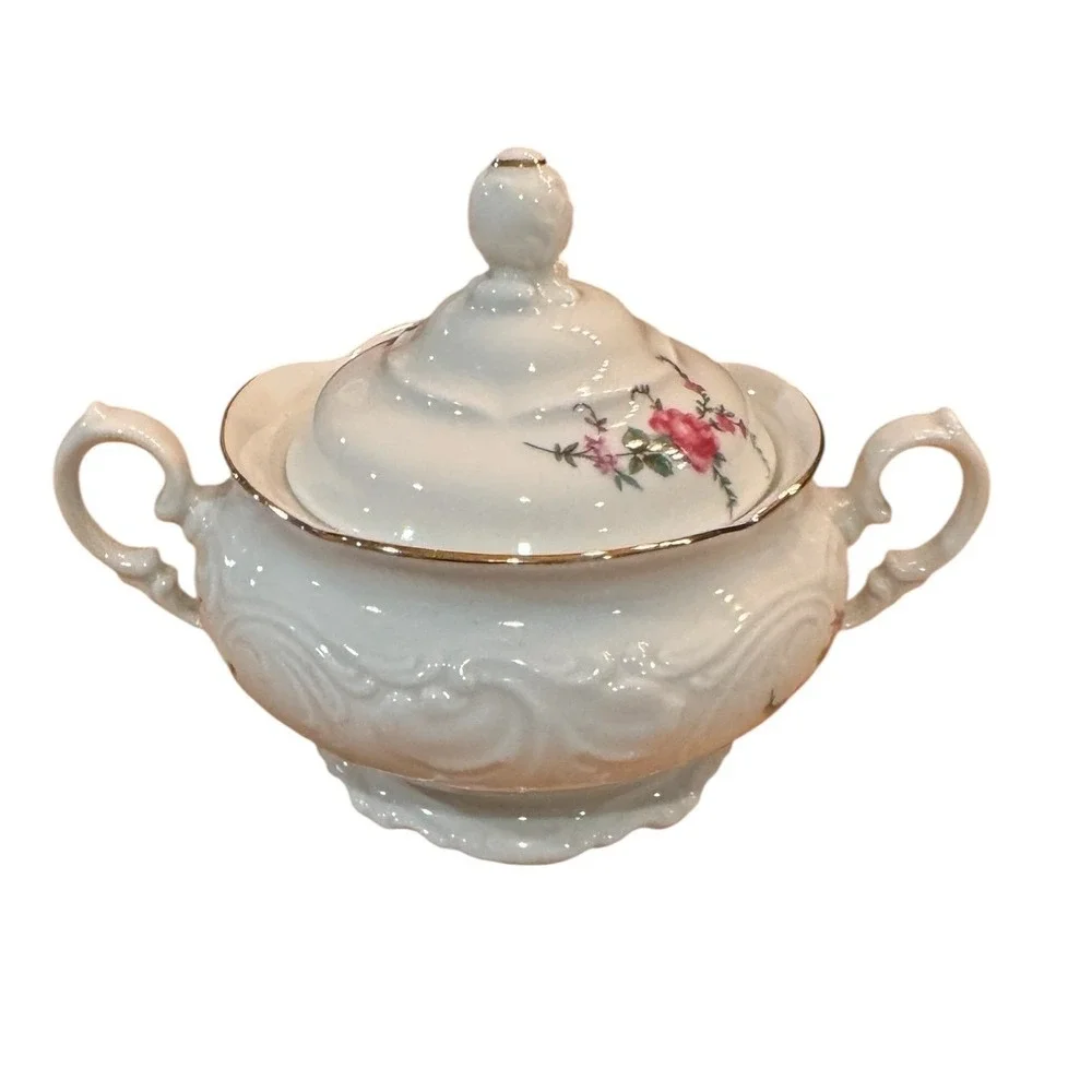 Wawel Vintage Porcelain Floral Sugar Bowl with Lid Gold Trim Pink Roses Embossed